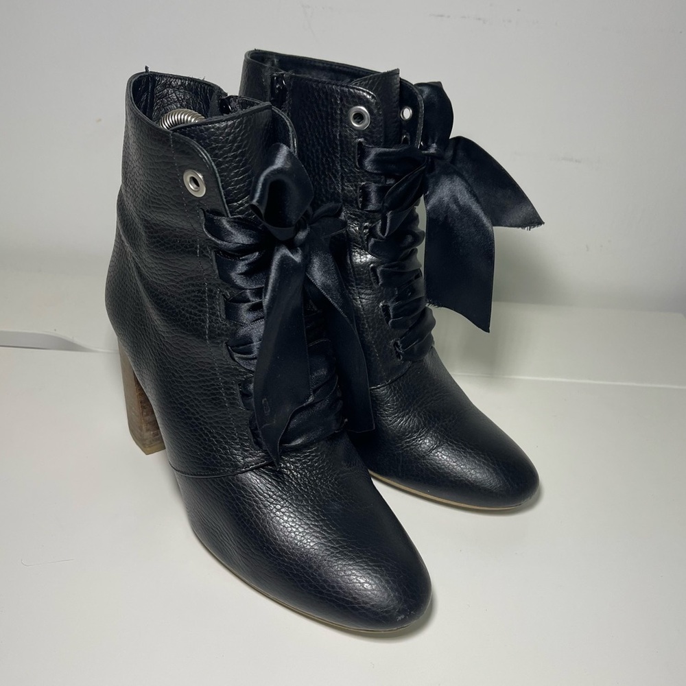 Minelli Women’s Black Leather Lace-Up Ankle Fall classy Boots Block Heel Size 40 - Picture 4 of 11